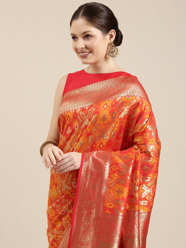 Women's Orannge-Red & Golden Satin Paisley Zari Woven Banarasi Saree - Panchhi