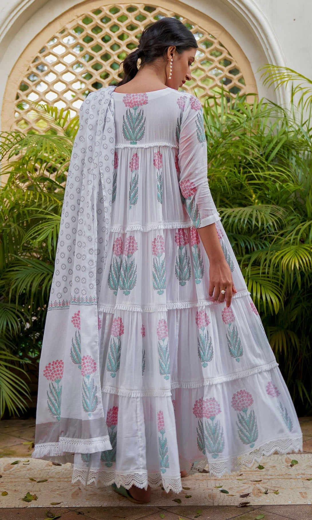 SUKOON PINK BLOCK PRINTED TIERED ANARKALI WITH PANTS AND DUPATTA - SET OF 3 - Indiakreations