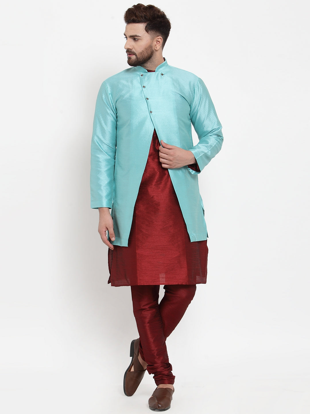 Men's Maroon Kurta With Pyjama & Sky Blue Self Design Jacket - Benstoke