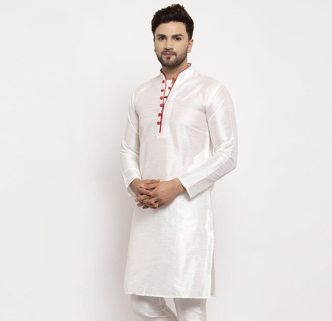 Men's Silk Blend White Straight Long Kurta - Benstoke - Indiakreations