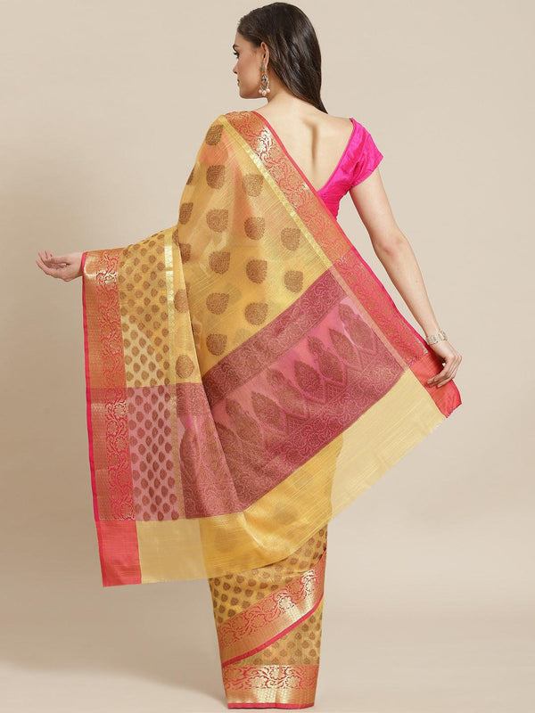 Women's Yellow Cotton Silk Saree - Varanasi - Indiakreations