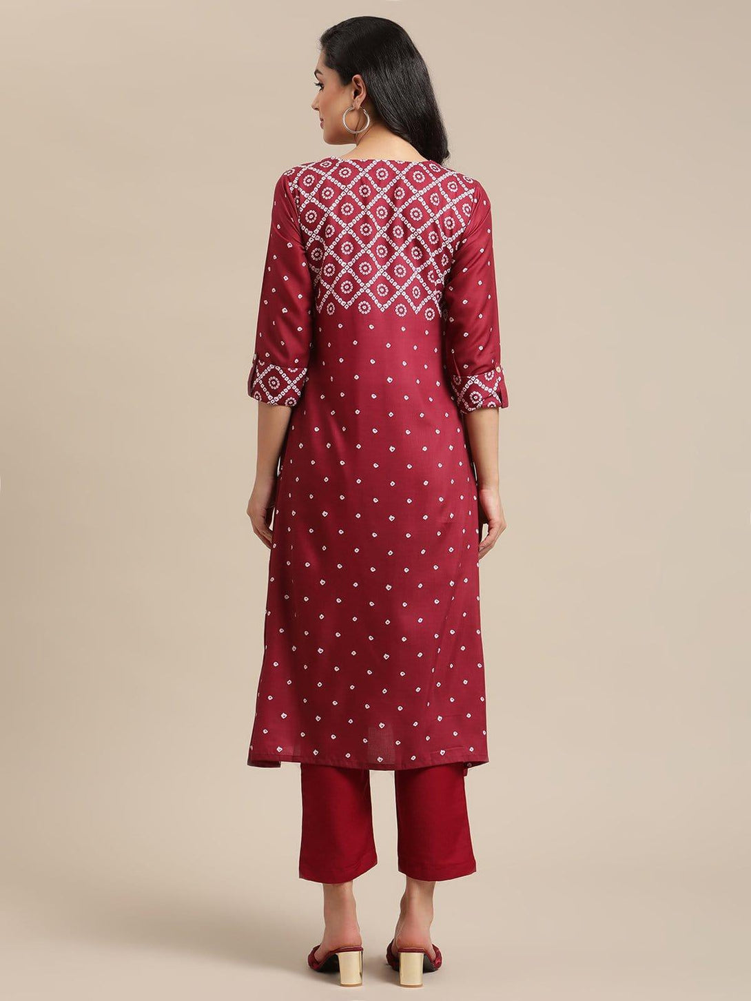 Maroon And Off White Bandhej Printed Pleated Kurta With Trouser - Indiakreations