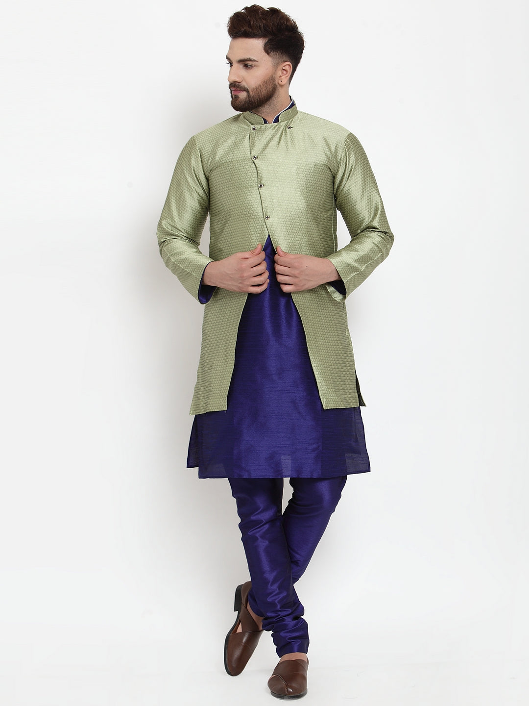 Men's Royal Blue Kurta With Pyjama & Beige Self Design Jacket - Benstoke