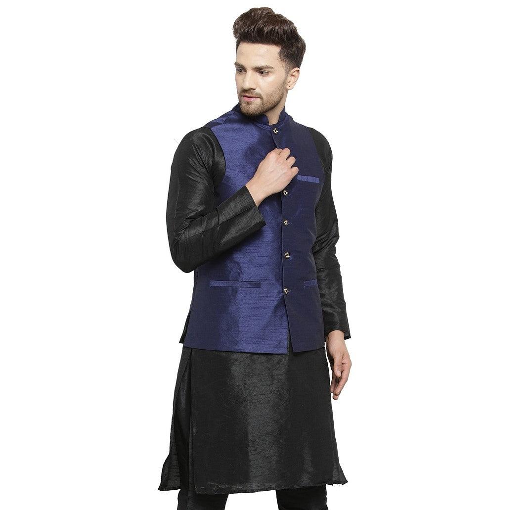 Men's Navy Blue Solid Nehru Jacket - Benstoke - Indiakreations