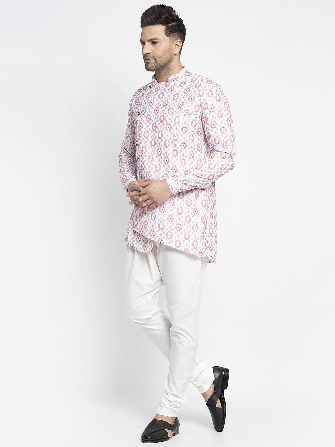 Men's White & Peach Printed Short Kurta With White Pyjama - Benstoke - Indiakreations