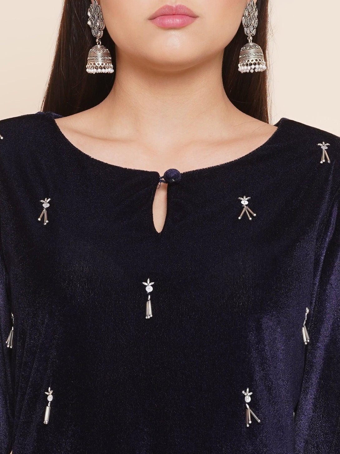 Women's Navy Blue Velvet Assymetrical Hand Embellished Kurta With Pants - Women Republic - Indiakreations