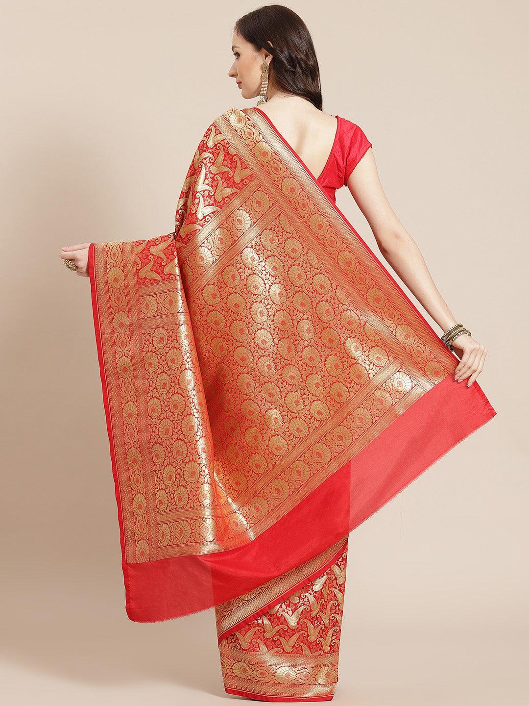 Women's Red Semi Silk Zari Woven Saree - Varanasi - Indiakreations