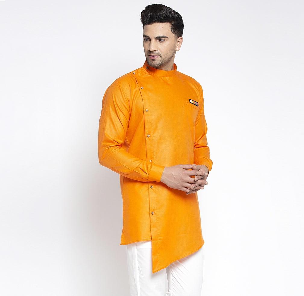 Men's Orange Solid Short Kurta - Benstoke - Indiakreations