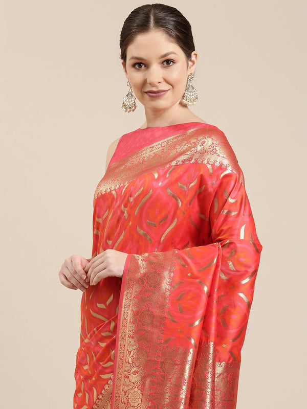 Women's Red & Golden Satin Paisley Zari Woven Banarasi Saree - Panchhi