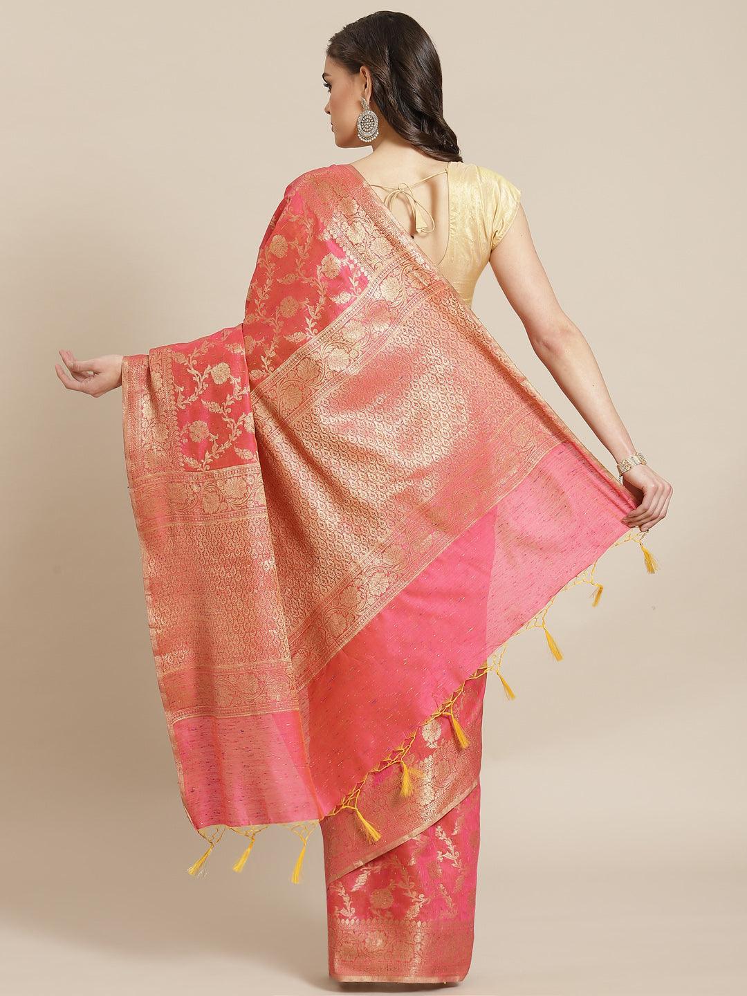 Women's Pink Cotton Silk Saree - Varanasi - Indiakreations