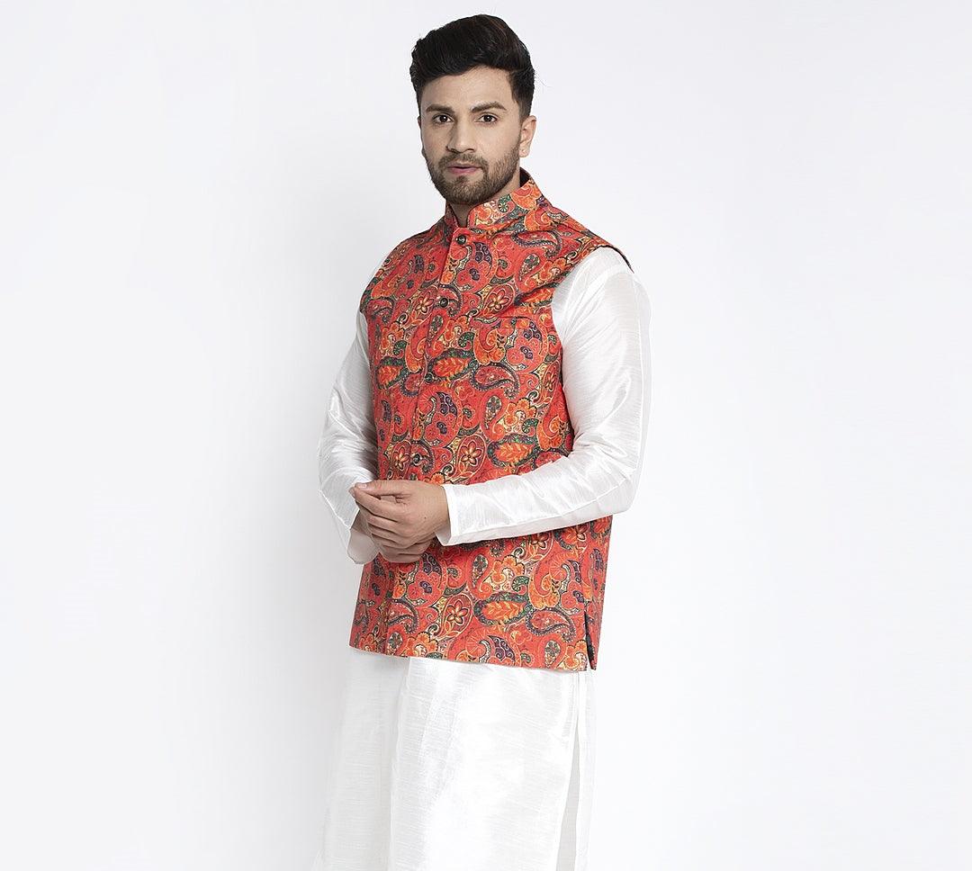 Men's Orange & Multi Printed Nehru Jacket - Benstoke - Indiakreations