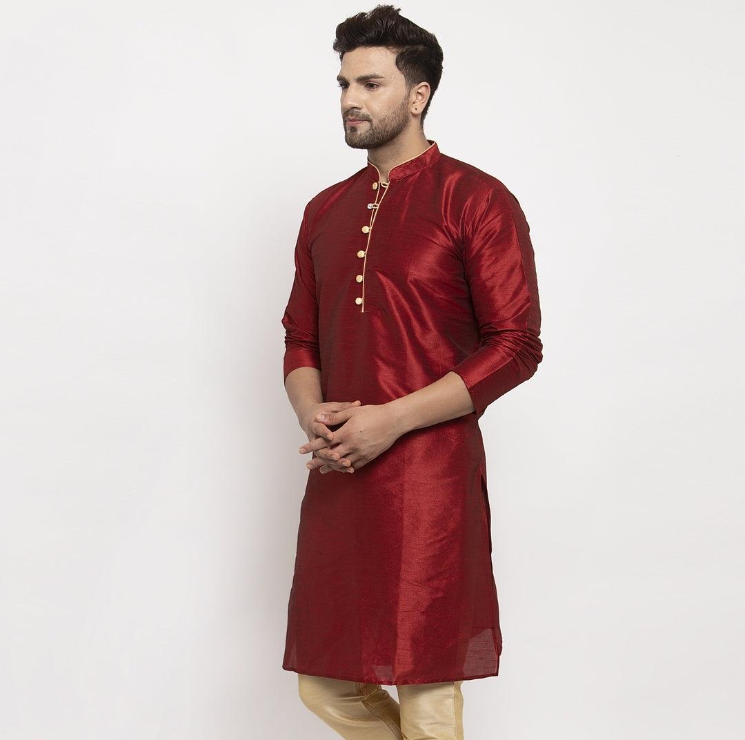 Men's Silk Blend Maroon Straight Long Kurta - Benstoke - Indiakreations