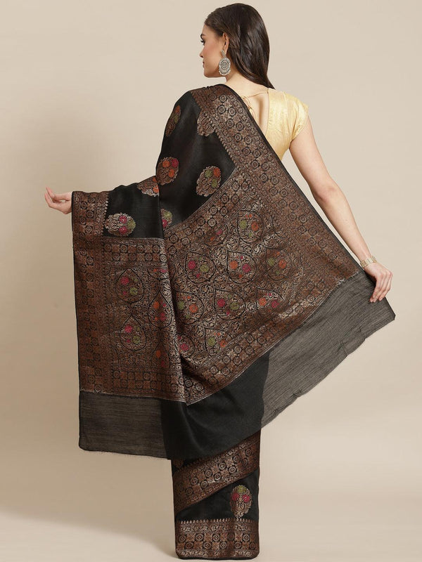 Women's Black Pure Muga Silk Saree - Varanasi - Indiakreations