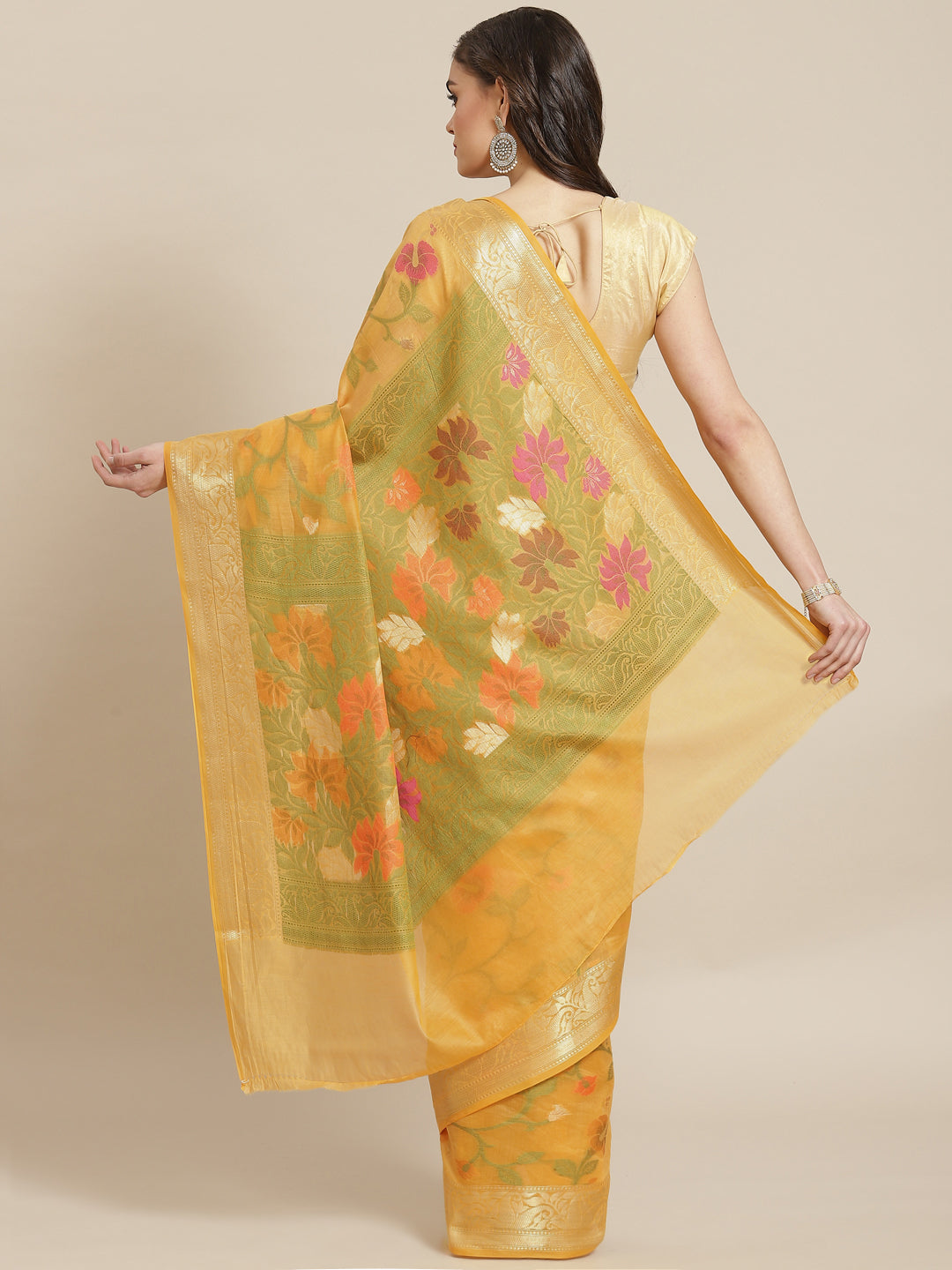 Women's Yellow Cotton Silk Cutwork Saree - Varanasi - Indiakreations