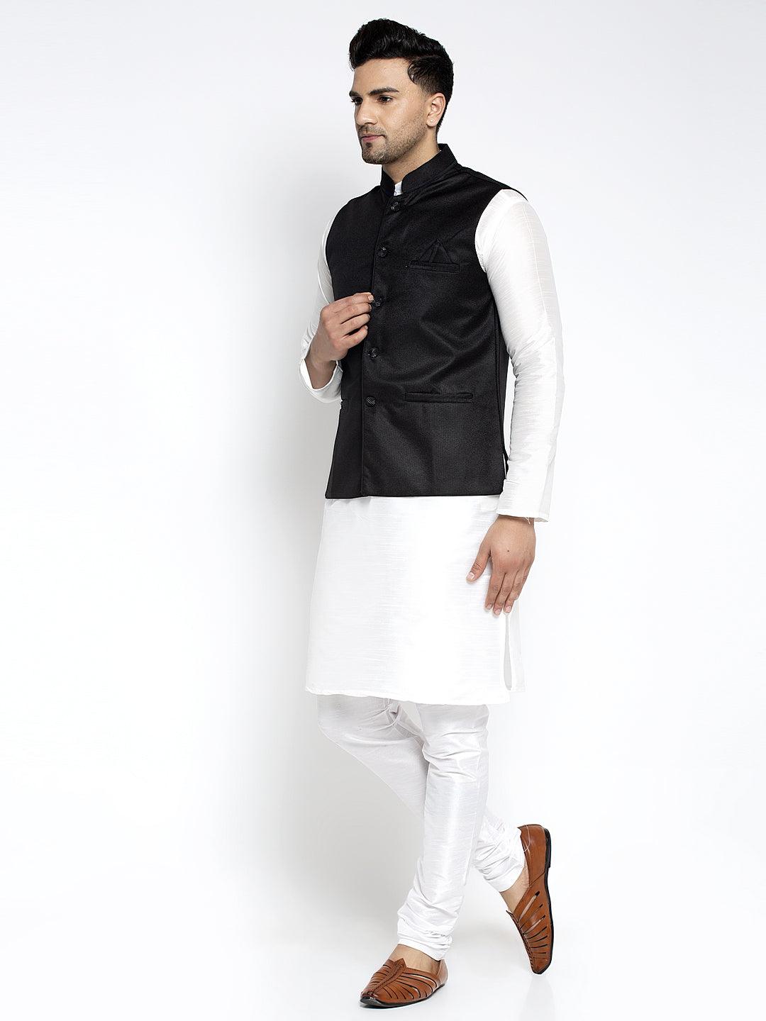 Men's Silk Blend White Kurta With Pyjama & Black Nehru Jacket - Benstoke - Indiakreations