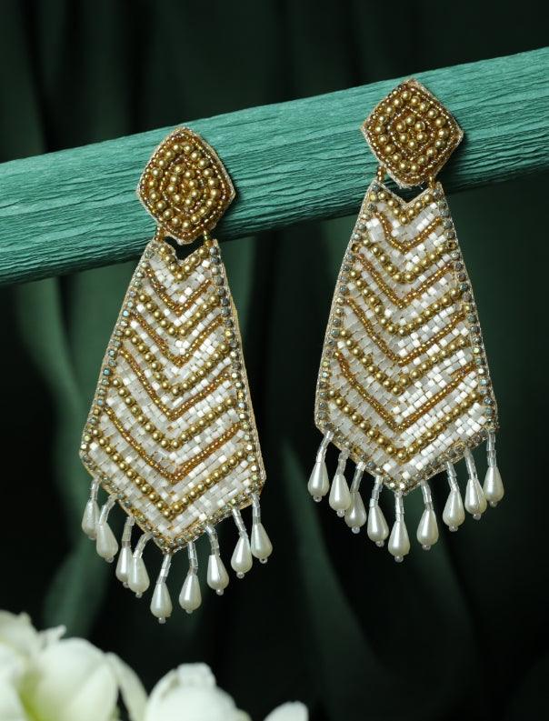 Women's Gold-Plated White & Gold Handcrafted Contemporary Drop Earrings - Jazz And Sizzle - Indiakreations