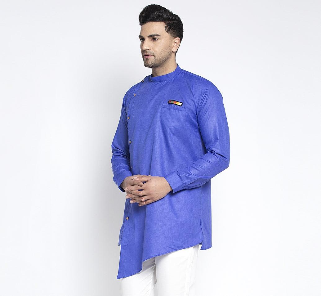 Men's Royal Blue Solid Short Kurta - Benstoke - Indiakreations