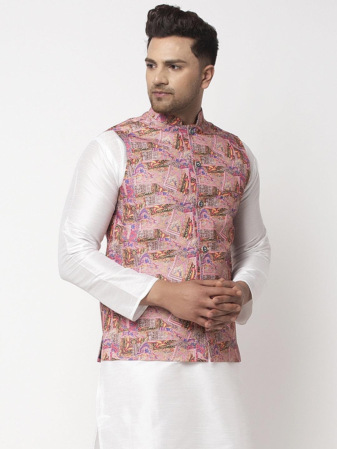 Men's Pink & Multi Printed Nehru Jacket - Benstoke - Indiakreations