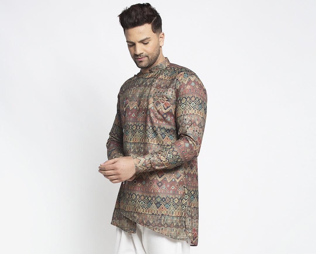 Men's Brown & Multicolor Asymmetric Printed Short Kurta - Benstoke - Indiakreations