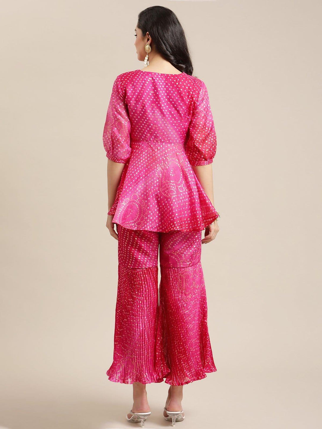 Pink Bandhej Flared Kurta Sharara Set With Gota Embellished On Yoke - Indiakreations