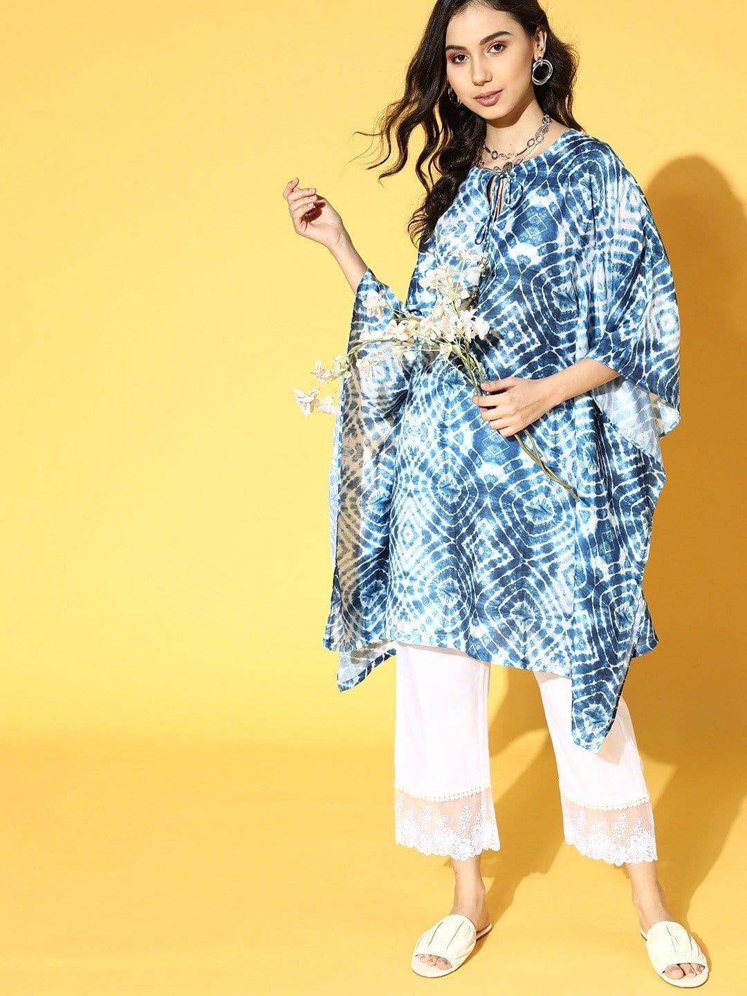 Blue And White Tie And Dye Kaftan With Organza Embellished Bottom - Indiakreations