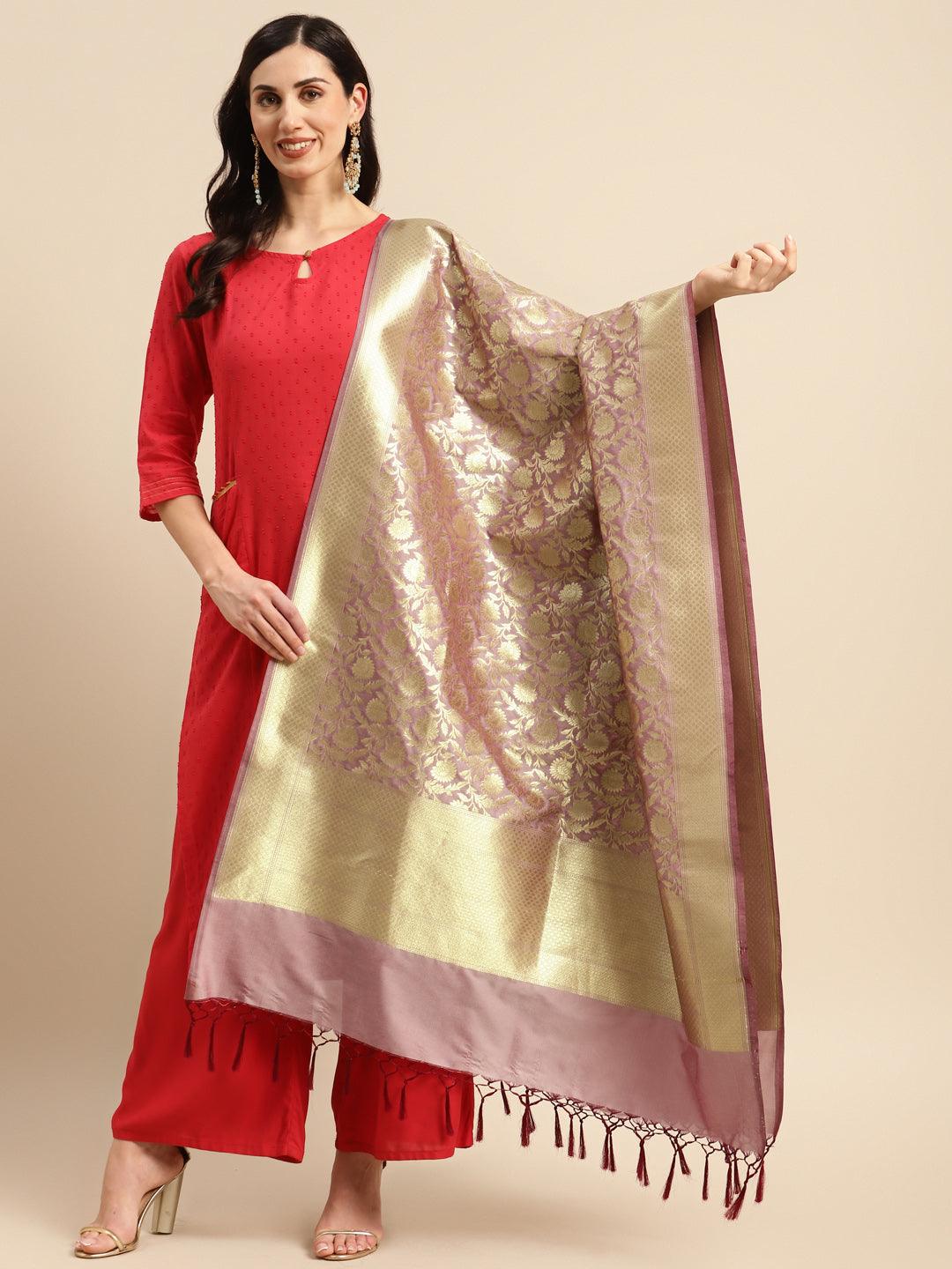 Women's Burgundy Color Ethnic Motifs Woven Design Dupatta With Zari - Varanasi - Indiakreations