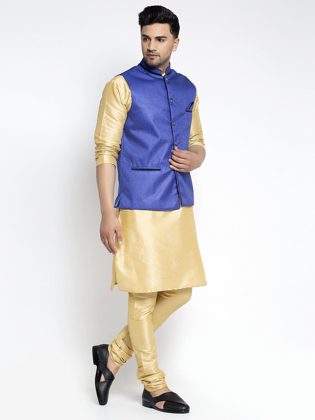 Men's Silk Blend Gold Kurta With Pyjama & Royal Blue Nehru Jacket - Benstoke - Indiakreations