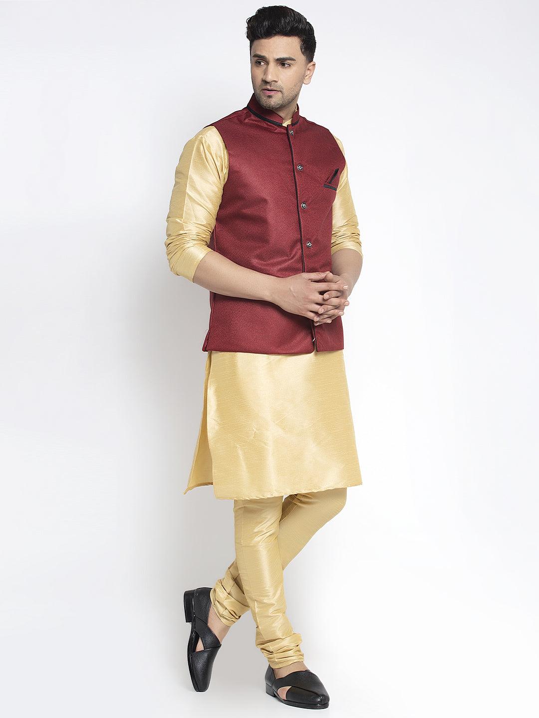 Men's Silk Blend Gold Kurta With Pyjama & Maroon Nehru Jacket - Benstoke - Indiakreations