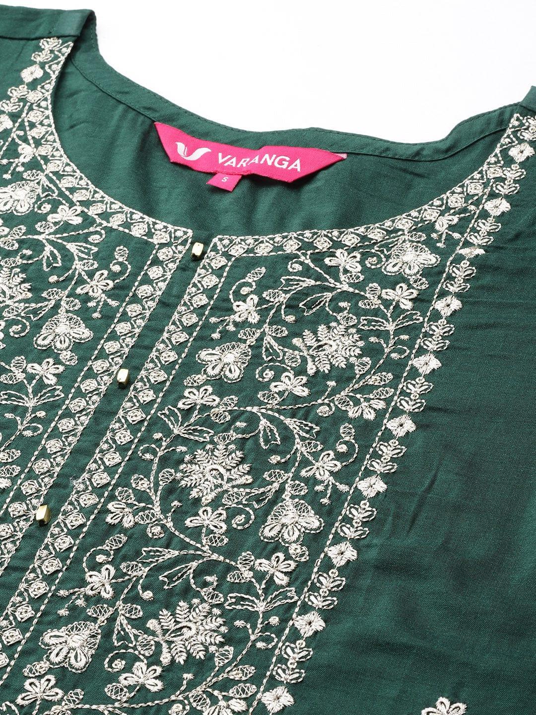 Varanga Women Green Embroidered Gotta Patti Pure Cotton Kurta with Trousers & Dupatta - Indiakreations