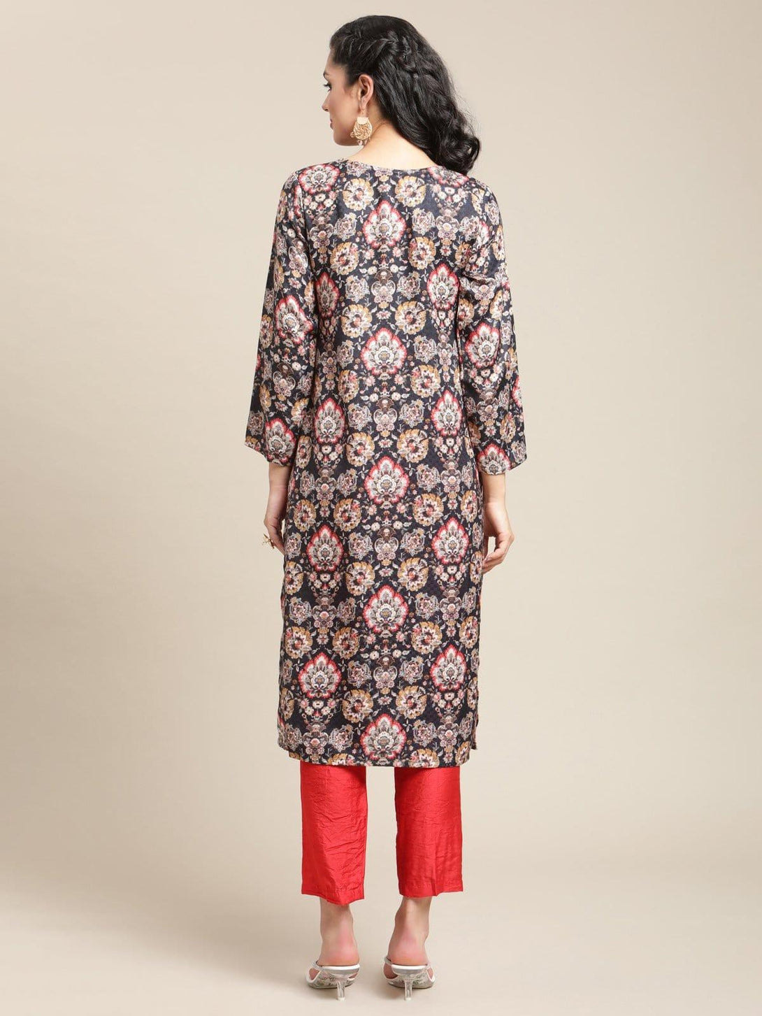 Navy Floral Printed Pashmina Kurta With Tassel And Drawstring And Having Full Sleeves - Indiakreations