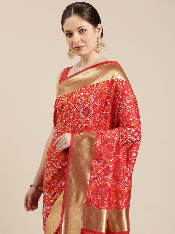 Women's Red & Gold Satin Paisley Zari with Bandhni Banarasi Saree - Panchhi