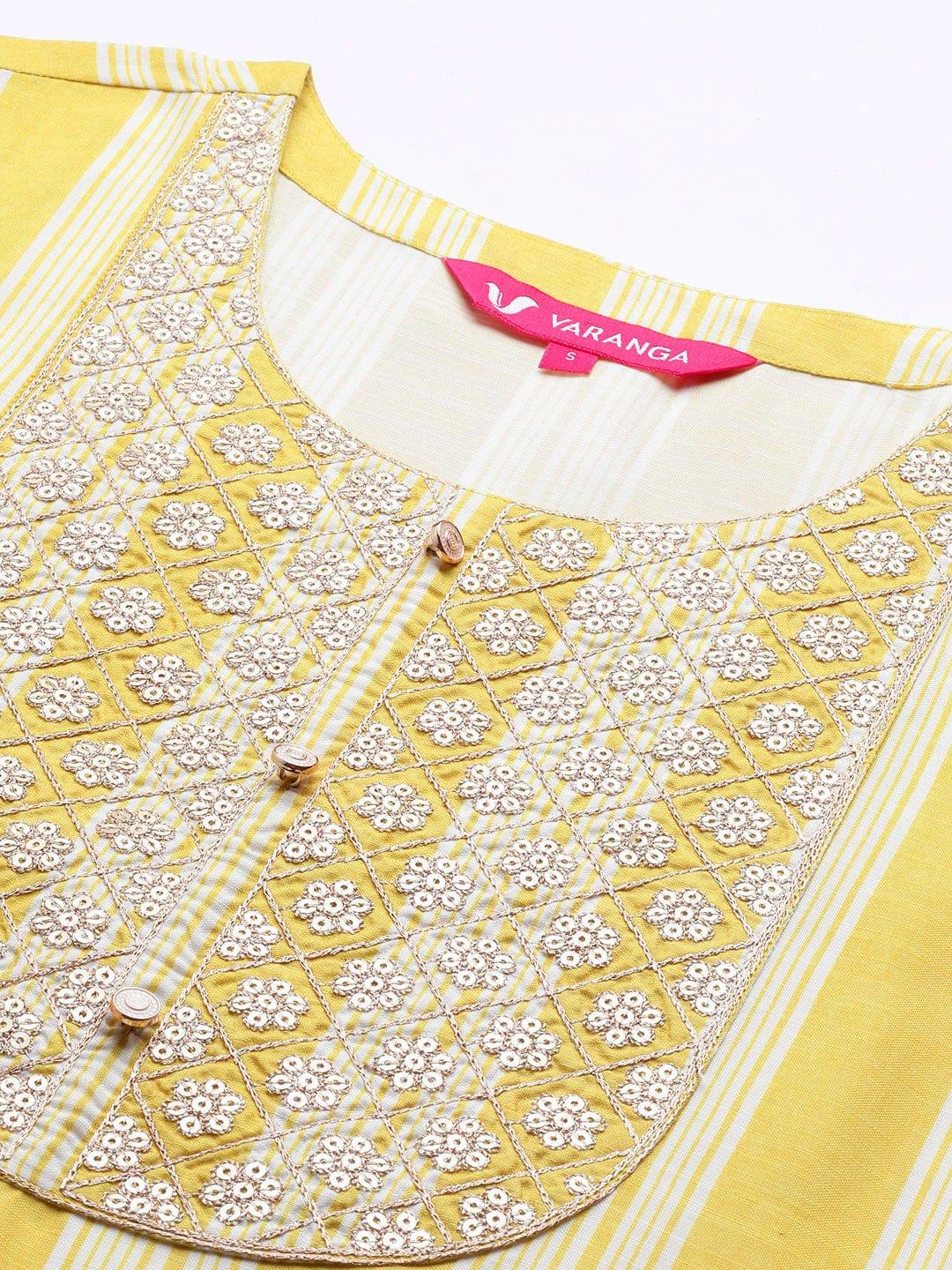 Varanga Women Yellow Striped Sequinned Kurta with Trousers & With Dupatta - Indiakreations