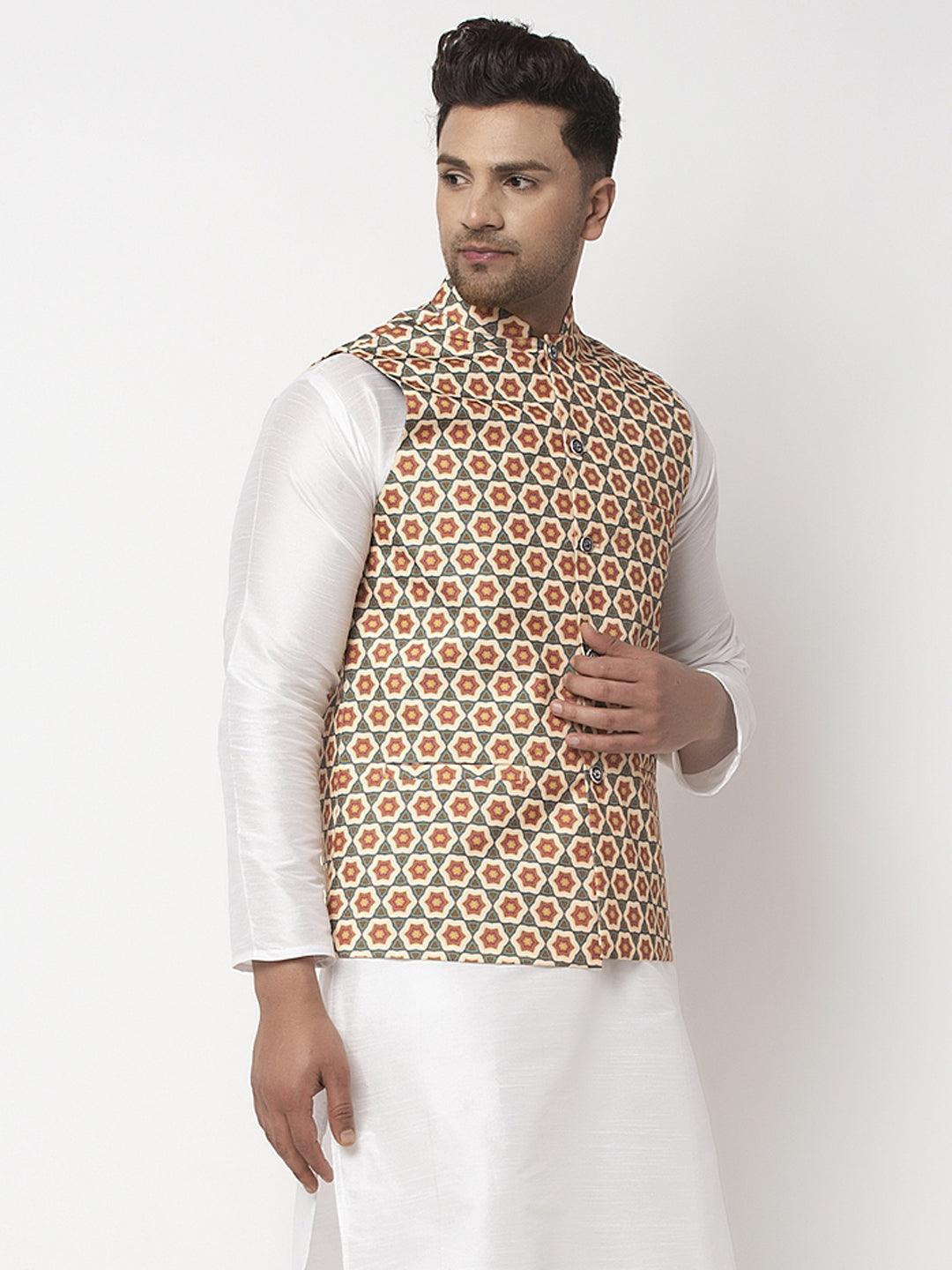 Men's Green & Beige Printed Nehru Jacket - Benstoke - Indiakreations