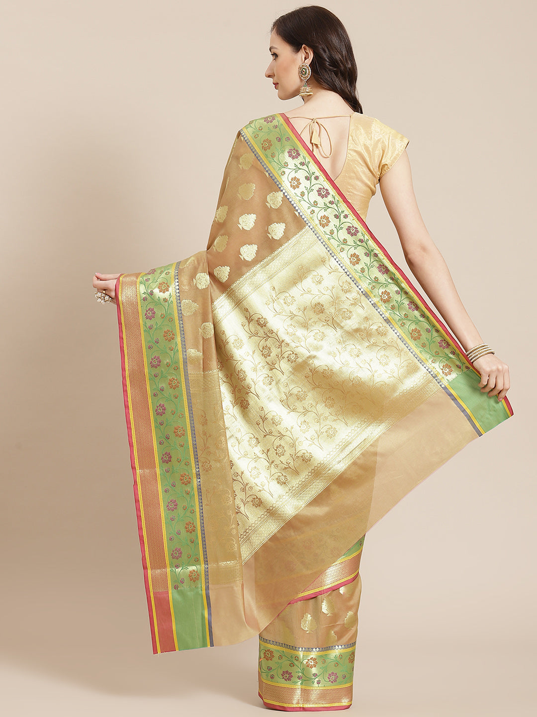 Women's Beige Silk Jaamdani Cutwork Saree - Varanasi - Indiakreations