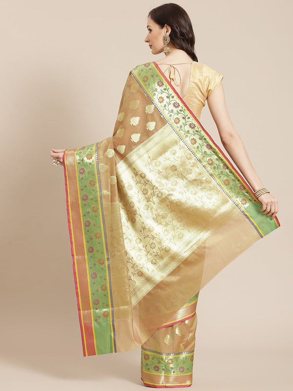 Women's Beige Silk Jaamdani Cutwork Saree - Varanasi - Indiakreations