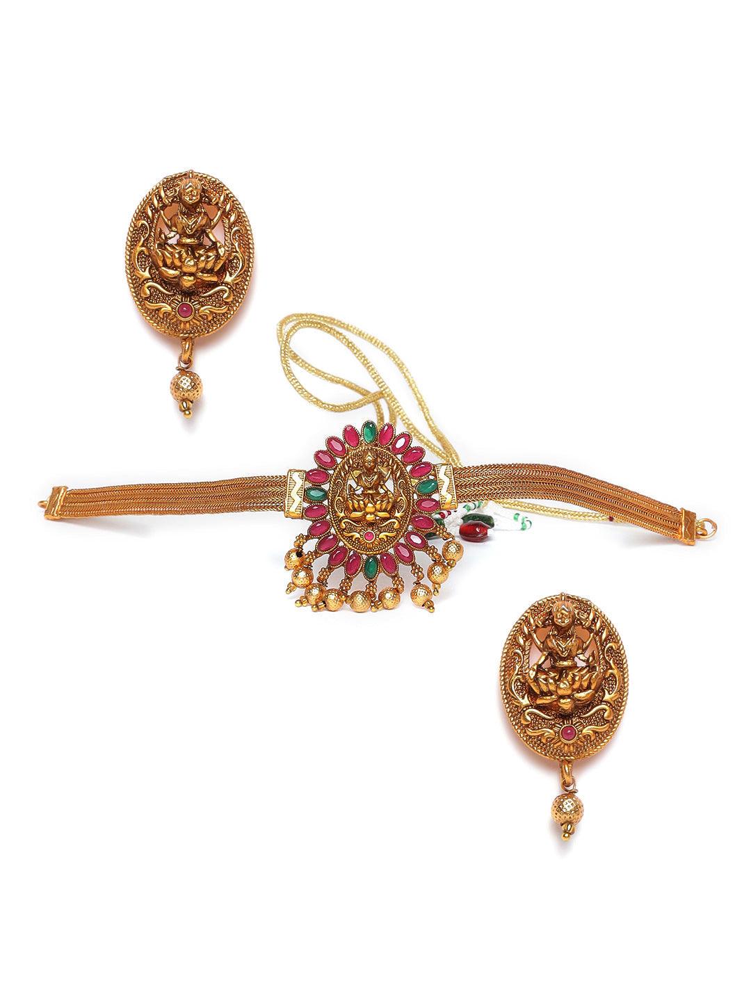 Women's Gold-Plated Pink & Green Stone-Studded & Beaded Handcrafted Jewellery Set - Jazz and Sizzle - Indiakreations