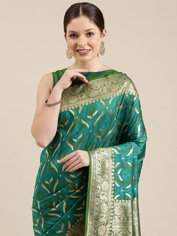 Women's Green & Golden Satin Paisley Zari Woven Banarasi Saree - Panchhi