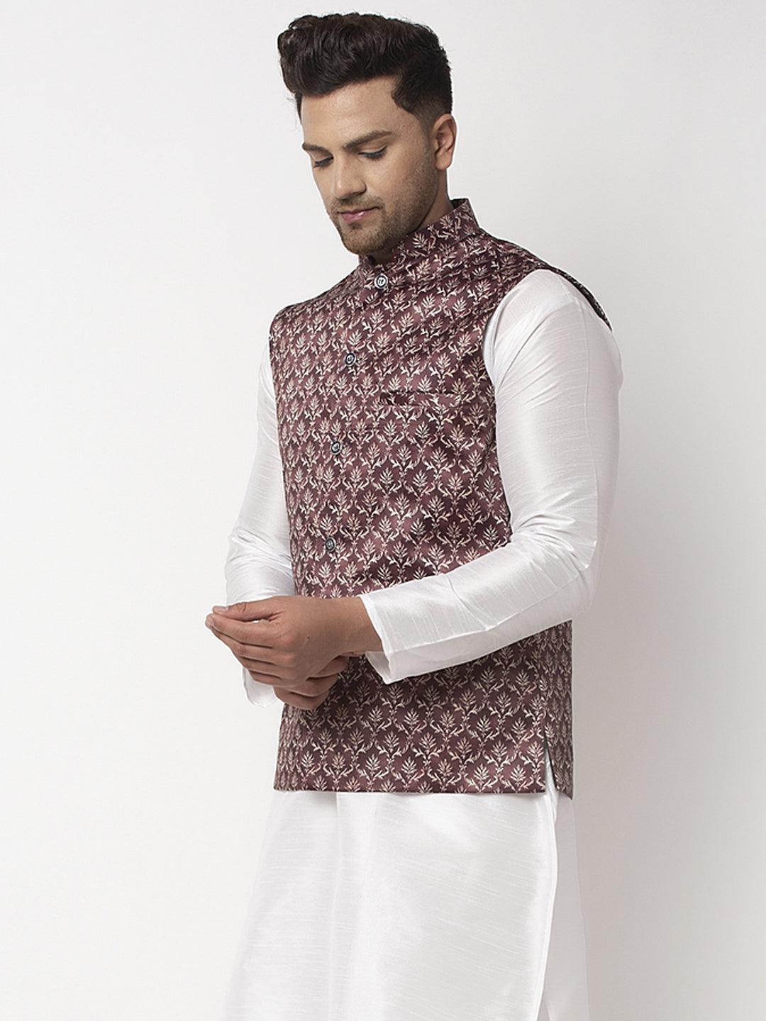 Men's Grey & Multi Printed Nehru Jacket - Benstoke - Indiakreations