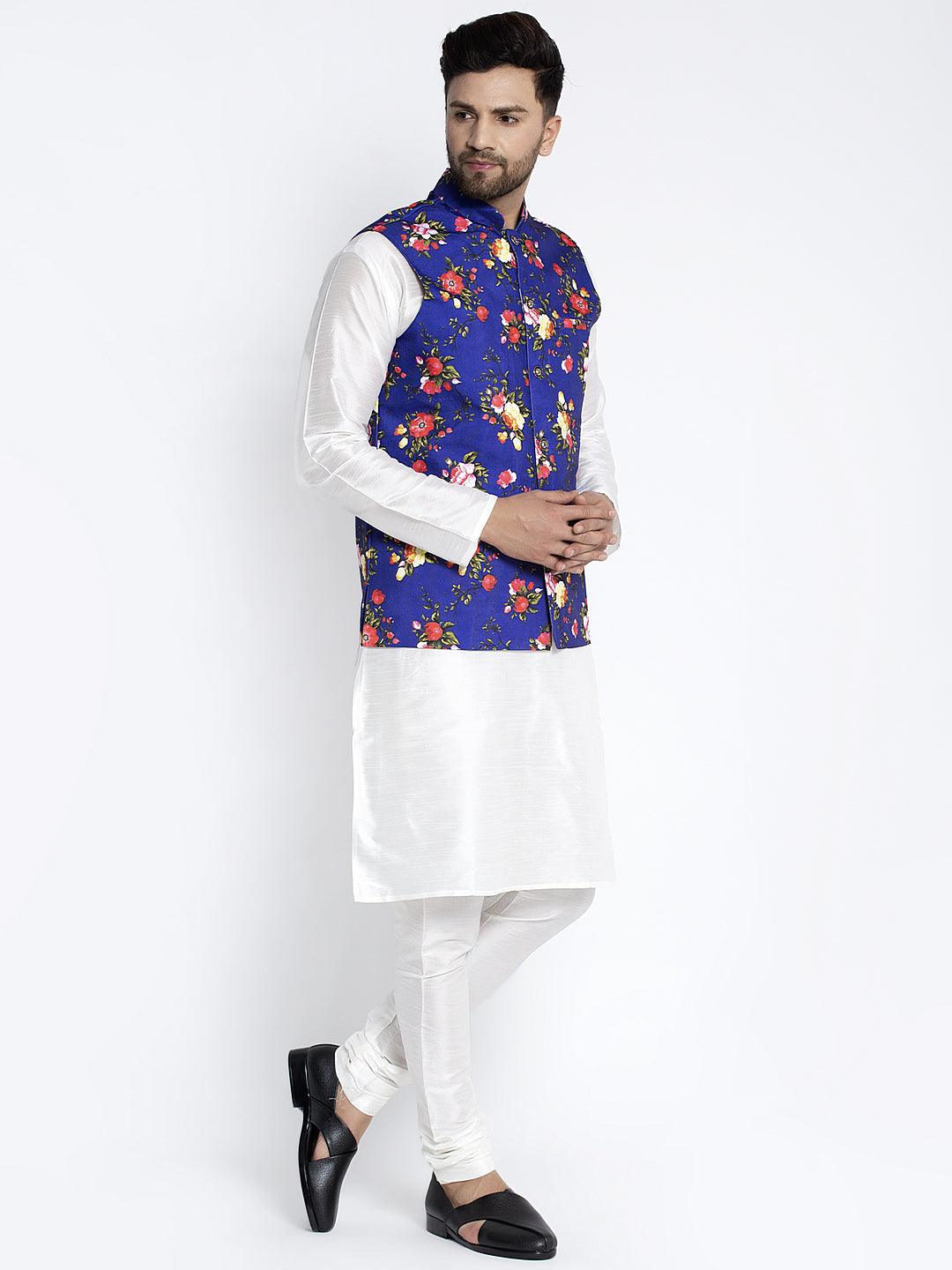 Men's Silk Blend White Kurta With Pyjama & Royal Blue Printed Nehru Jacket - Benstoke - Indiakreations