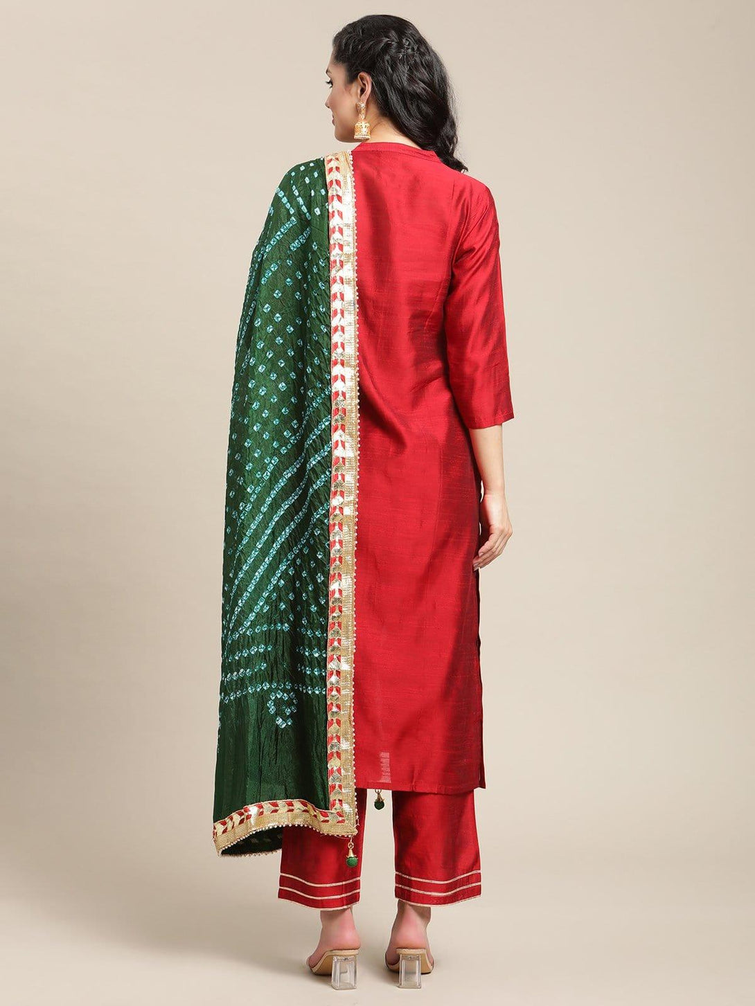 Maroon Silk Sequins Work Kurta Trouser Set With Green Silk Bandhej Dupatta - Indiakreations