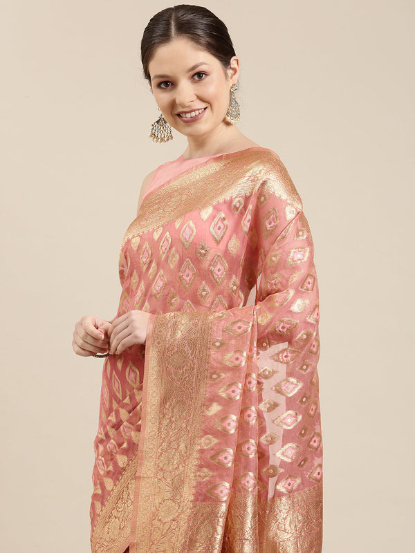 Women's Peach & Golden Organza Paisley Zari Woven Banarasi Saree - Panchhi