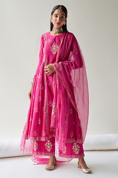 Chaand Rani Foil Rani pink Anarkali with palazzo and Dupatta - Set of 3 - Indiakreations