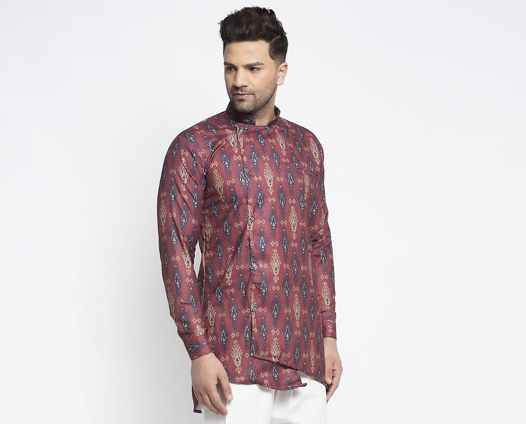 Men's Maroon & Navy Blue Asymmetric Printed Short Kurta - Benstoke - Indiakreations