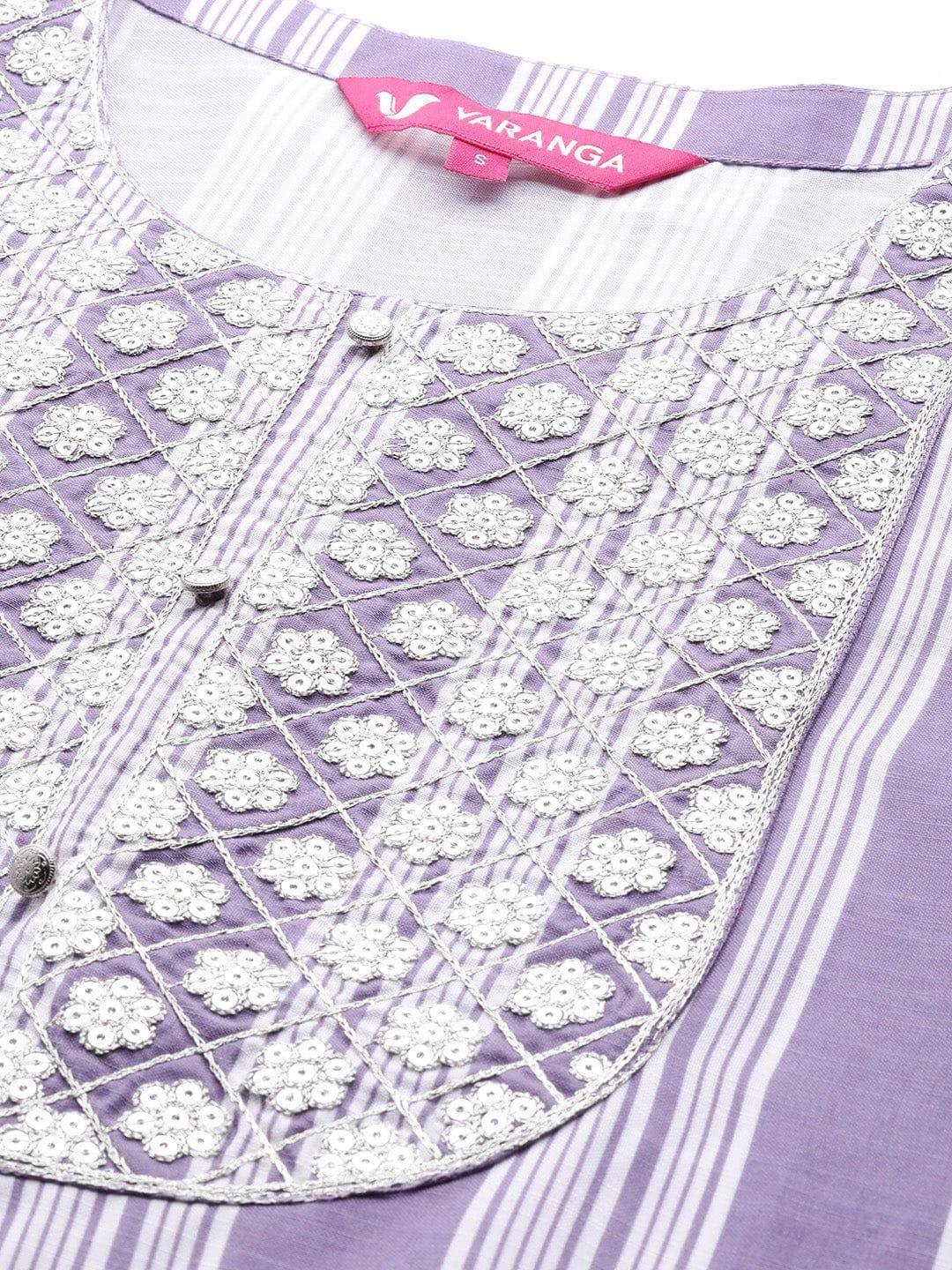 Varanga Women Lavender & White Embroidered Kurta with Trousers & Dupatta - Indiakreations