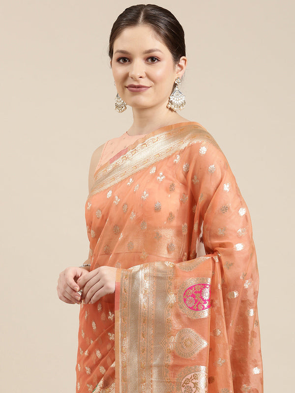 Women's Peach & Silver Organza Paisley Zari Woven Banarasi Saree - Panchhi