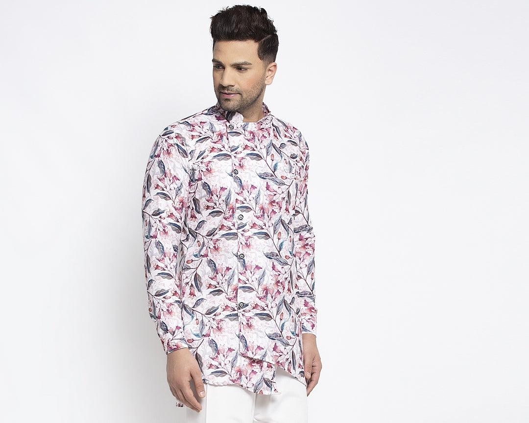 Men's White & Pink Asymmetric Printed Short Kurta - Benstoke - Indiakreations