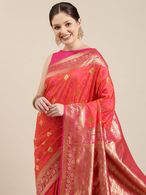 Women's Red & Golden Satin Paisley Zari Woven Banarasi Saree - Panchhi