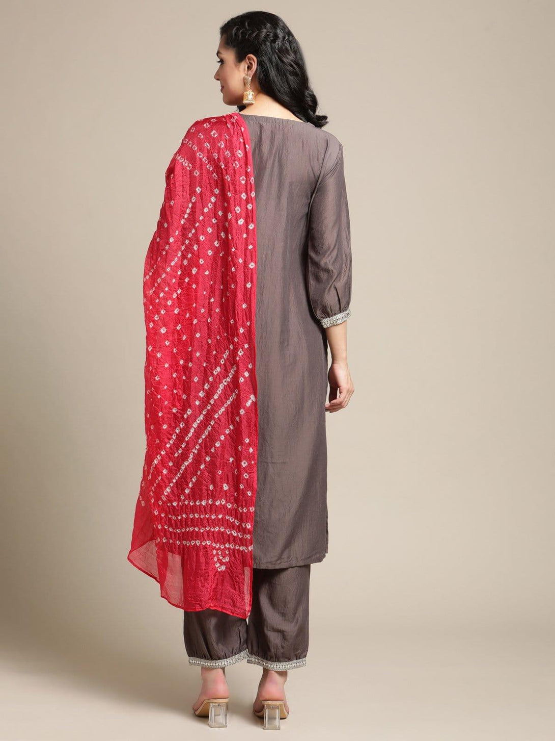 Round Neck Embroidered Yoke Kurta With Gathered Hem Trousers And Bandhani Dupatta - Indiakreations