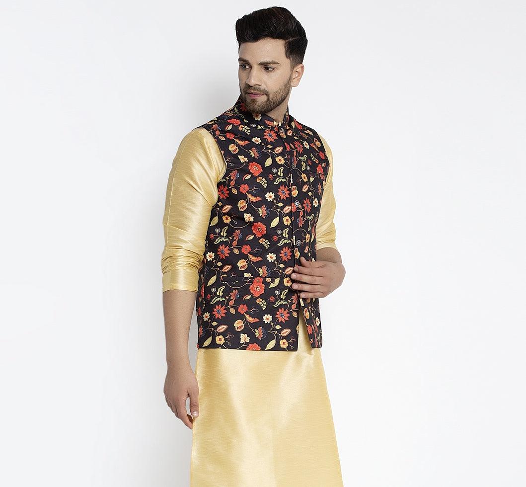 Men's Black & Multi Printed Nehru Jacket - Benstoke - Indiakreations