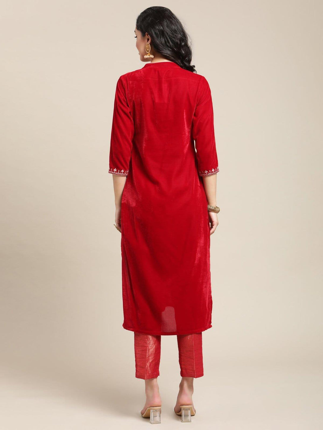 Red Embroidred Velvet Kurta Paired With Brocade Trouser - Indiakreations